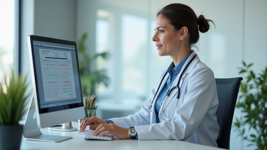 Professional healthcare receptionist at modern clinic desk using computer to manage patient scheduling system with calendar interface visible on screen