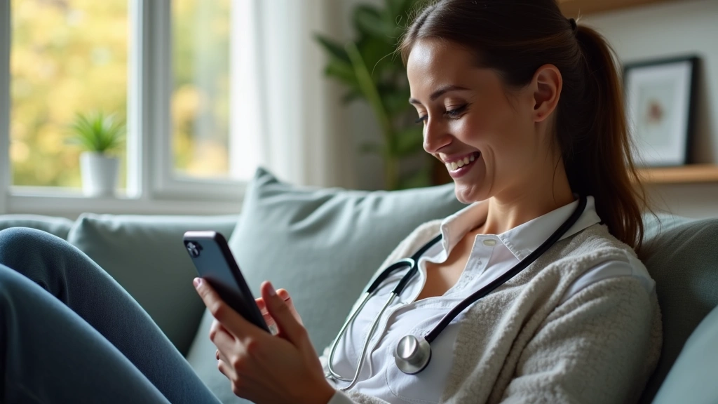 Patient using smartphone to book doctor appointment through mobile healthcare app, sitting at home with relaxed expression