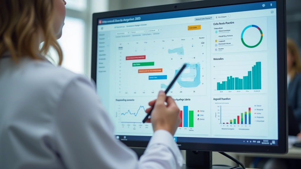 Medical practice manager reviewing online appointment scheduling dashboard on computer monitor showing calendar, patient data