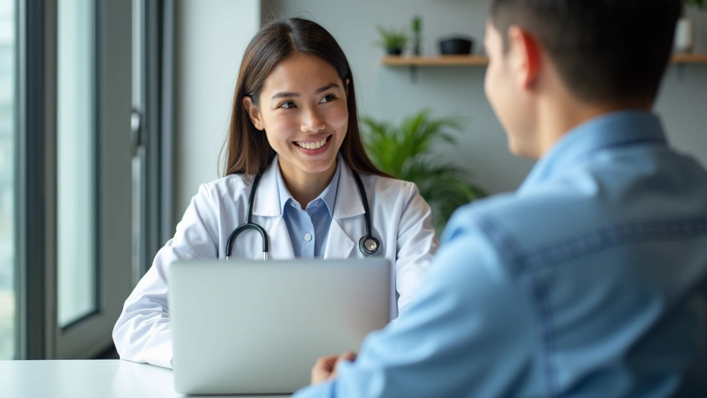 Professional healthcare provider in white coat having a video consultation on laptop with patient, modern medical office background, natural lighting, focused and caring expression