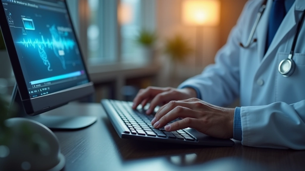 Close-up of hands typing on keyboard during a telehealth consultation, medical interface visible on computer screen, professi