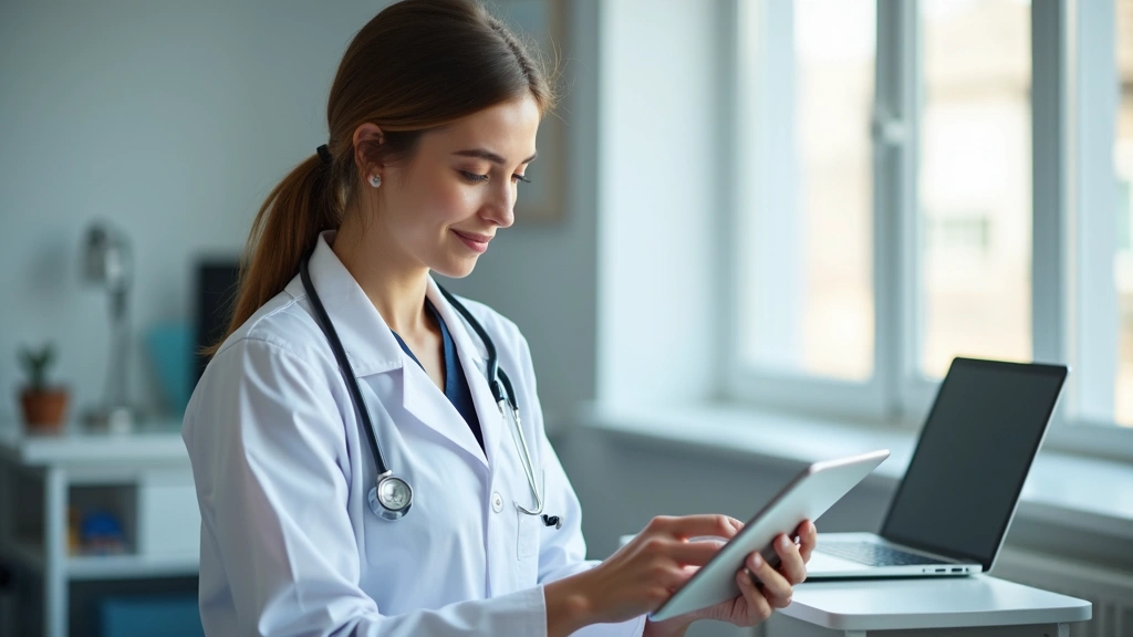 Licensed physician reviewing patient information on tablet during virtual consultation, clean modern clinic environment, prof