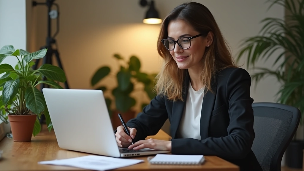 Professional female psychologist conducting telehealth supervision session on laptop, modern clinical office with plants, warm lighting, note-taking visible