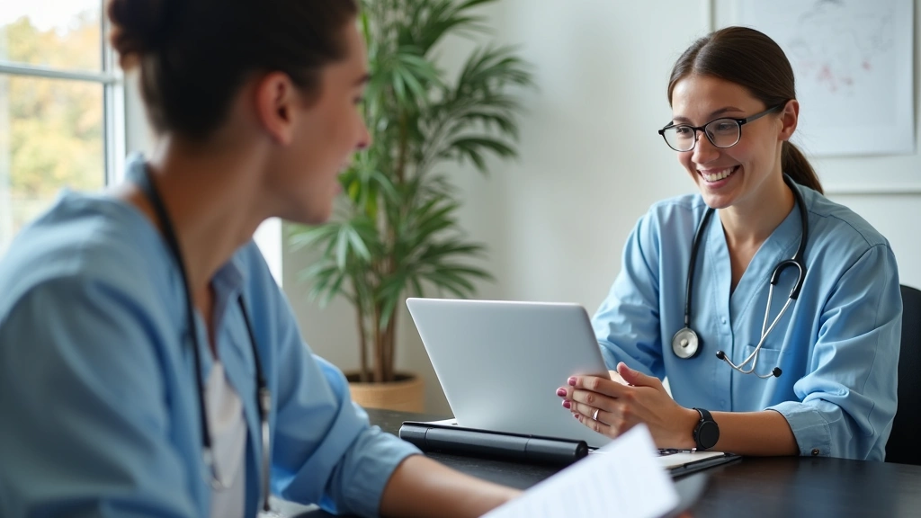 Graduate student in clinical setting completing practicum hours, supervising psychologist in background, client session in pr