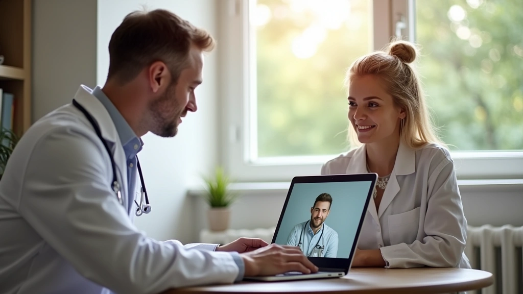 Patient sitting at home on laptop video call with professional male doctor wearing white coat in clinical setting, warm lighting, natural window background