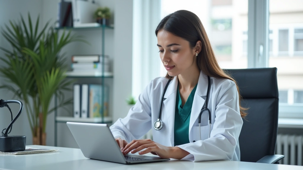 Healthcare provider in white coat at desk reviewing patient information on tablet during virtual telehealth consultation, pro