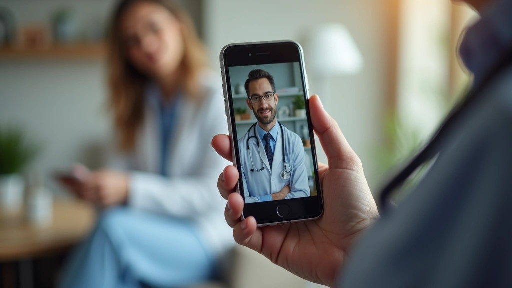 Diverse patient holding smartphone showing secure encrypted video connection with licensed physician, home office environment
