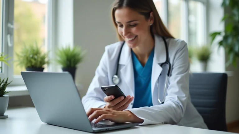 Person using smartphone to book medical appointment on telehealth app, sitting at home desk with laptop visible, professional healthcare setting