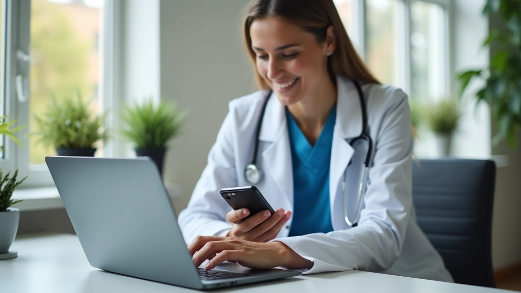 Person using smartphone to book medical appointment on telehealth app, sitting at home desk with laptop visible, professional healthcare setting