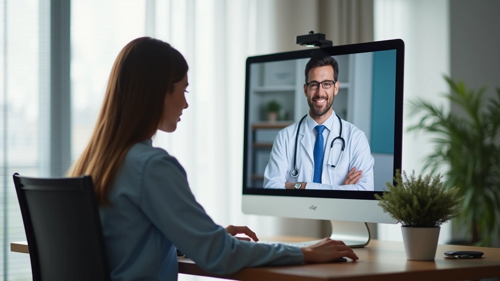 Patient in home office during video consultation with doctor on computer screen, modern minimalist background, natural lighti