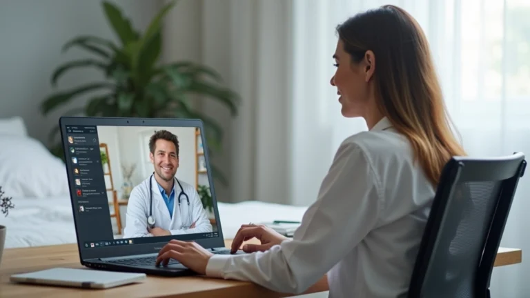 Professional woman in home office having video consultation with male doctor on laptop screen, modern minimalist bedroom background, natural lighting from window, healthcare technology