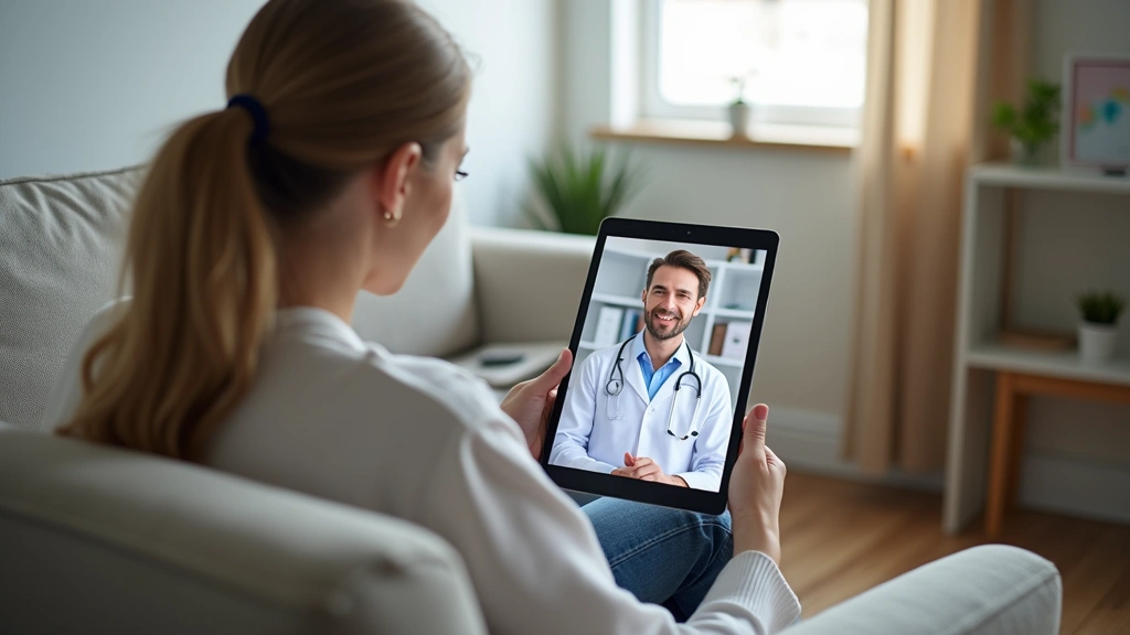 Female patient sitting on couch during virtual doctor visit on tablet, calm home environment, natural daylight, doctor visibl