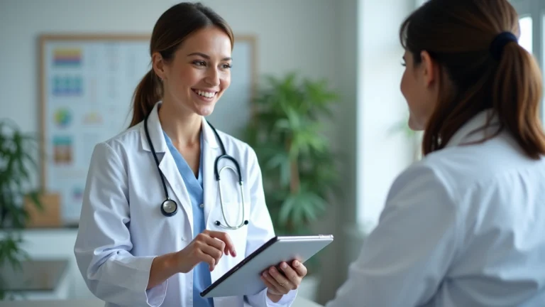 Professional woman in white coat conducting virtual telehealth consultation on tablet computer with patient, modern medical office background