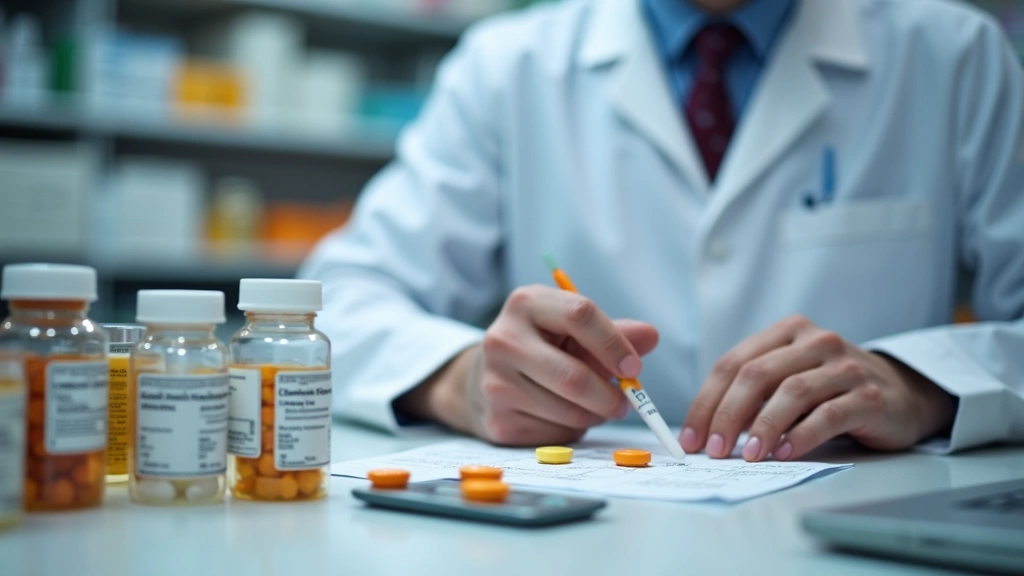 Close-up of pharmacist filling antibiotic prescription at pharmacy counter, medication bottles and computer visible, professi
