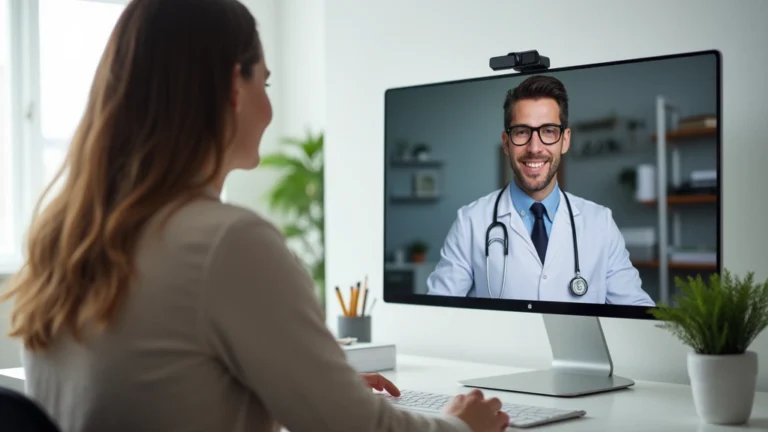 Professional woman in home office video calling with male doctor on computer screen, bright natural lighting, modern telehealth consultation setup, clean minimalist background