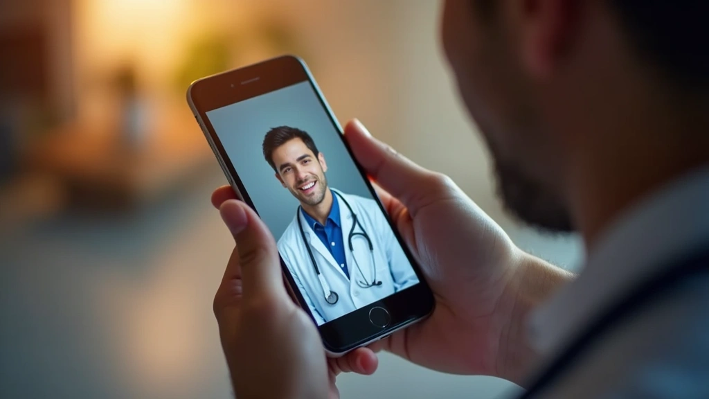 Close-up of person holding smartphone showing telehealth app interface with doctor profile, warm indoor lighting, focused on 