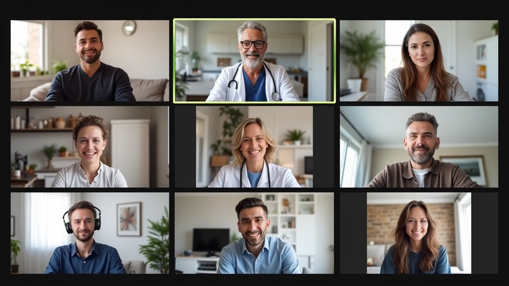 Diverse group of people in separate home settings participating in virtual telehealth appointments, split screen showing mult