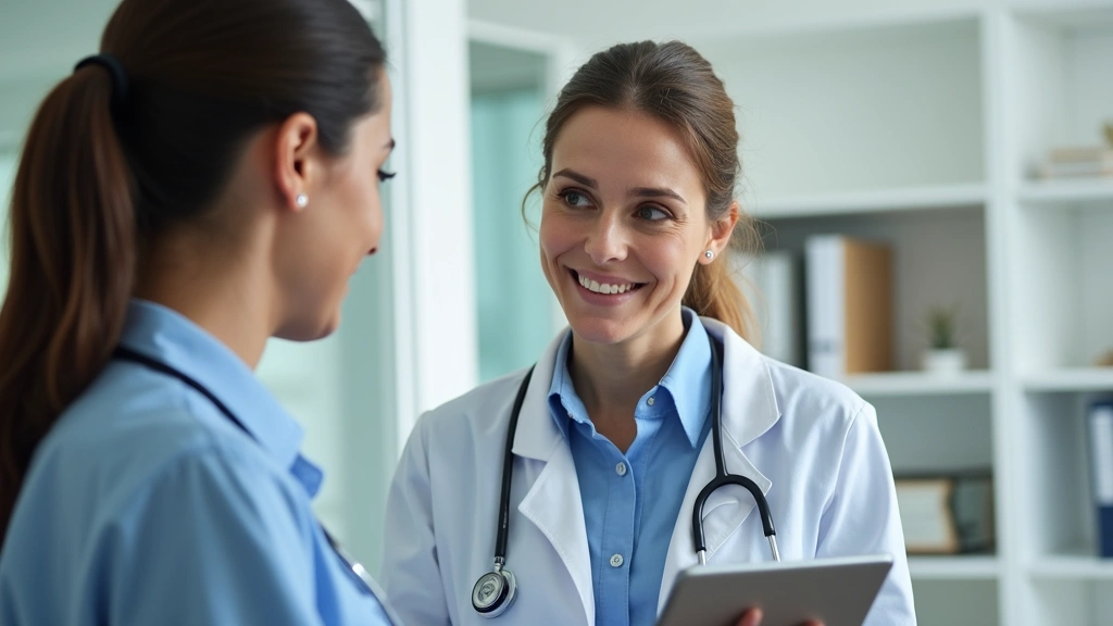 Professional female doctor conducting video consultation on tablet with patient, modern clinical office background, natural l