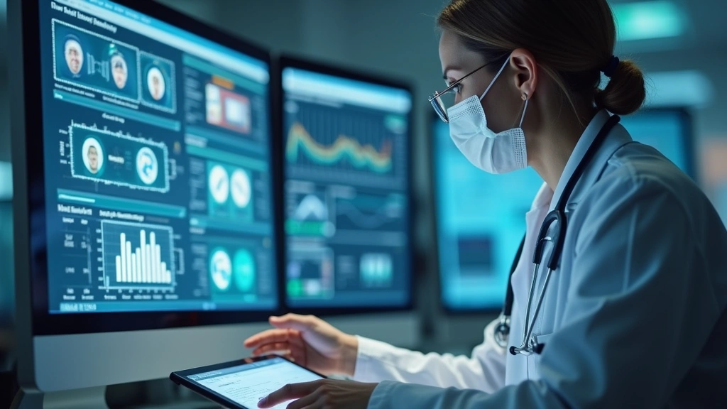 Healthcare professional reviewing digital medical documents on computer screen, secure telehealth platform interface visible,