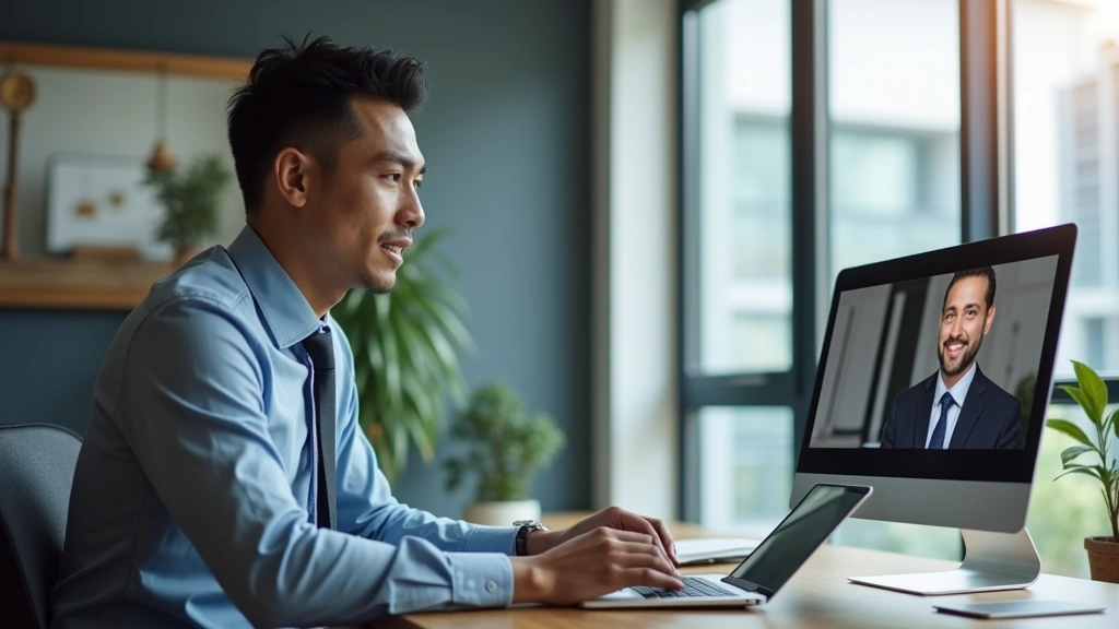 Professional business executive working at laptop in modern office, video conference call visible on screen, focused expressi