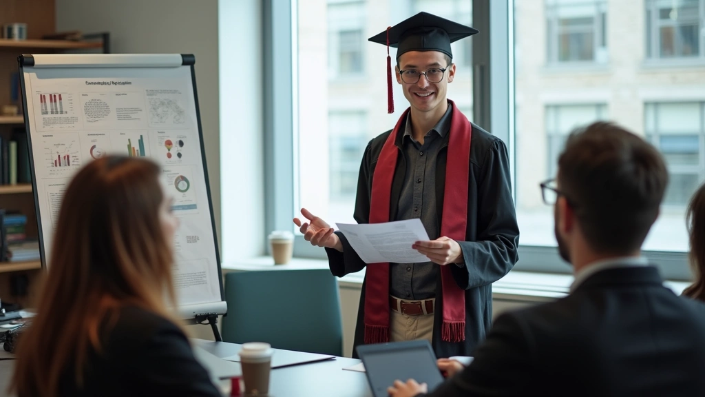Graduate student presenting research findings in academic setting, dissertation materials visible, professional presentation