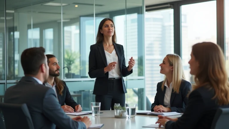 Professional woman in business attire presenting leadership strategy to diverse team in modern glass-walled conference room, natural lighting from floor-to-ceiling windows, collaborative atmosphere, contemporary office setting.