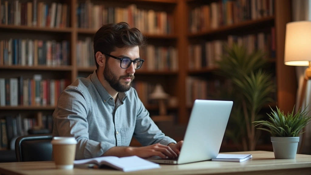Adult professional working at laptop at home desk with notebooks and coffee, focused studying expression, warm ambient lighti