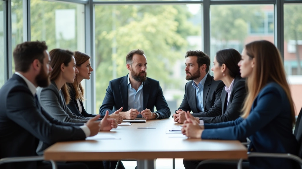 Diverse group of professionals in business casual attire engaged in discussion around conference table, modern corporate boar