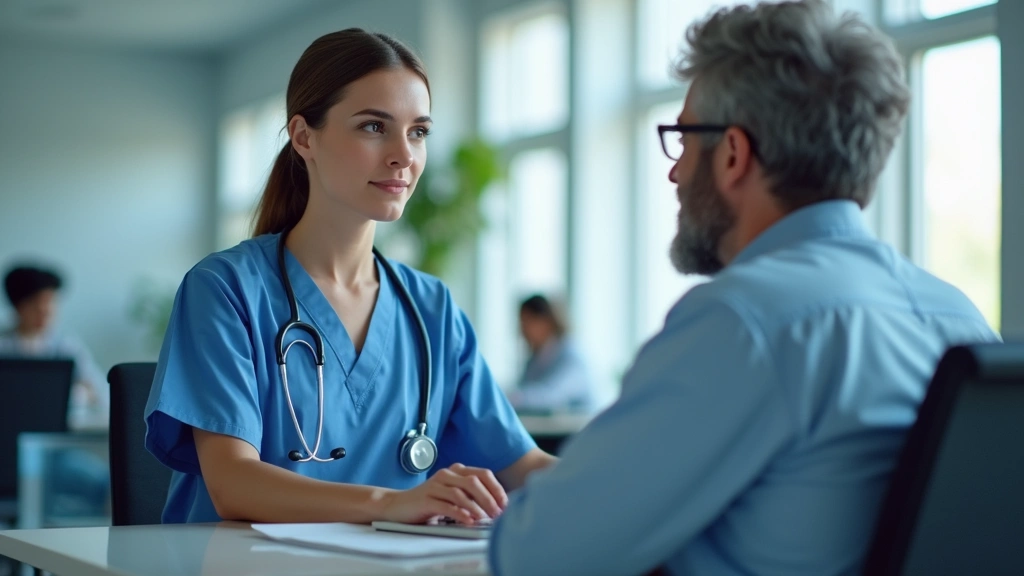 Professional registered nurse in modern healthcare facility working at computer with patient data, clinical setting, natural lighting, focused expression