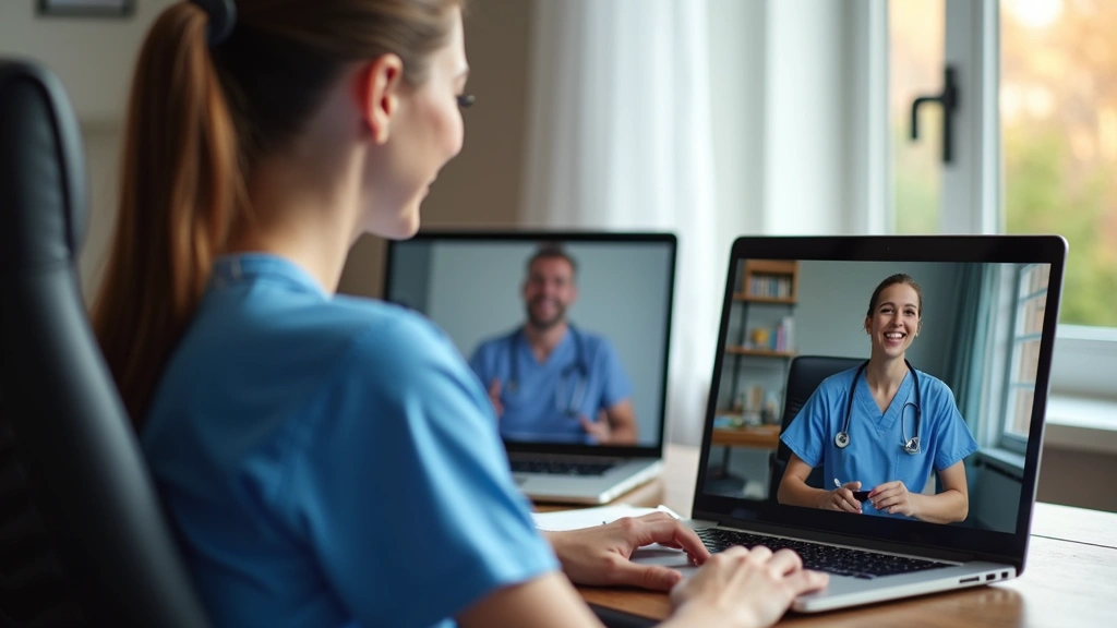 Graduate nursing student in virtual classroom environment, laptop screen showing video conference with professor, home office