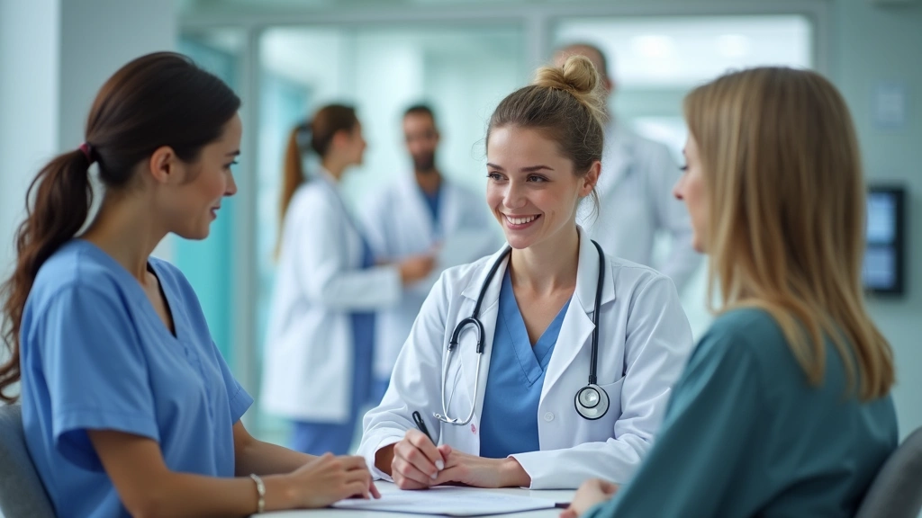 Nurse practitioner in white coat conducting patient consultation in contemporary medical clinic, diverse healthcare team in b