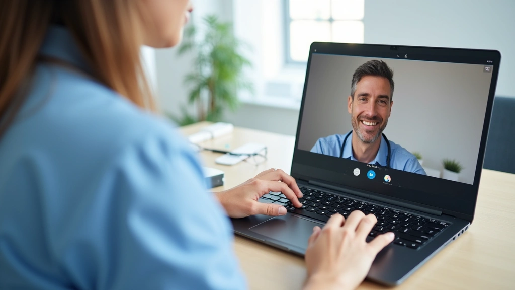 Physical therapist conducting online video consultation with patient in clinical setting, laptop visible, professional medical office background, natural lighting