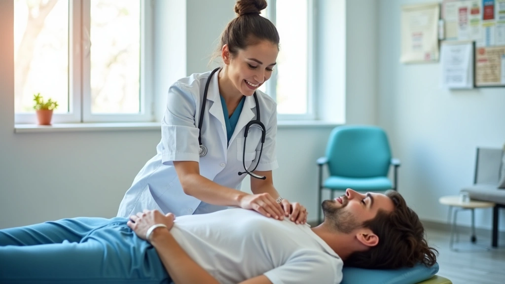 Licensed physical therapist performing hands-on treatment with patient in bright clinical facility, demonstrating practical c