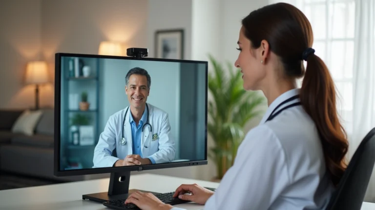 Professional woman in home office during video consultation with doctor on computer screen, natural lighting, calm medical setting
