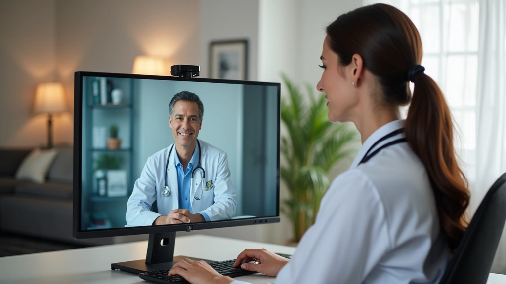 Professional woman in home office during video consultation with doctor on computer screen, natural lighting, calm medical setting