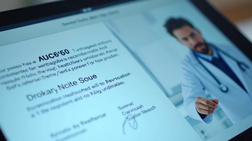 Close-up of digital doctors note displayed on tablet screen with physicians signature, medical credentials visible, professio