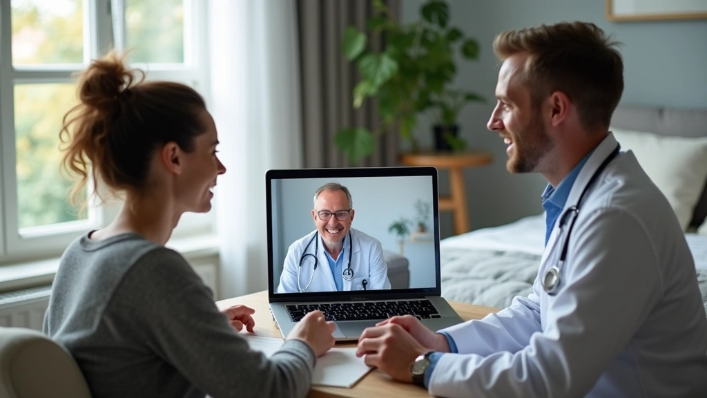 Telemedicine consultation: patient at home speaking with licensed physician on laptop, modern bedroom background, video call 