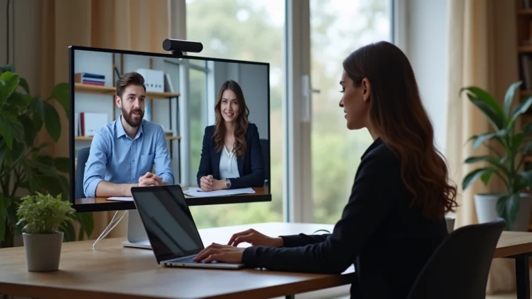 Professional online classroom interface showing a doctoral student attending virtual seminar with professor and peers, modern home office setting, laptop screen visible, collaborative learning environment, photorealistic