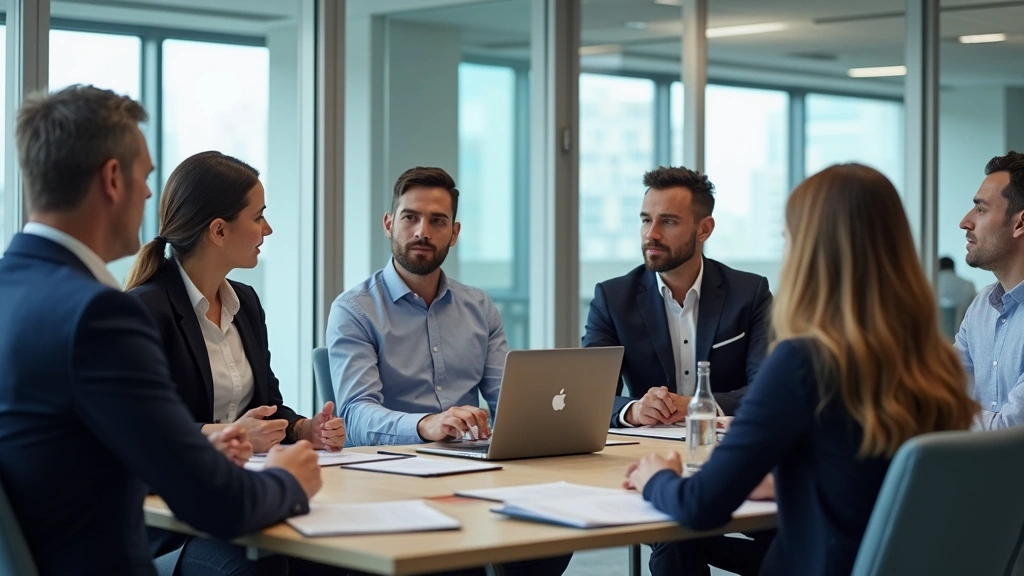 Diverse organizational leadership team in modern conference room conducting strategic planning meeting, executive professiona