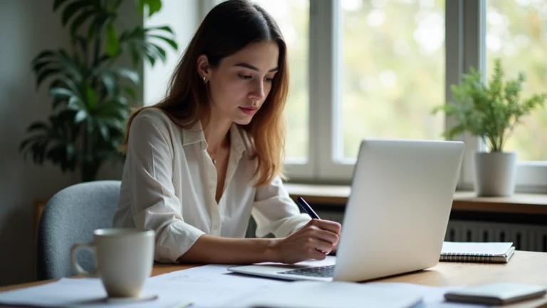Professional woman studying at home office with laptop and research materials, natural lighting, focused expression, modern workspace setup