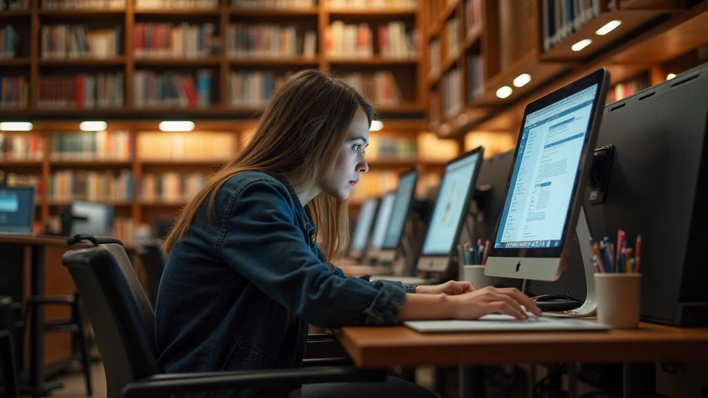 University library interior with student at computer desk researching, warm lighting, academic environment, focused concentra