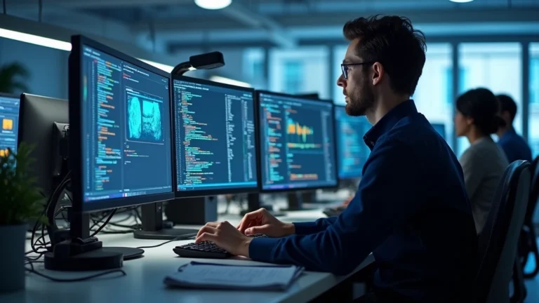 Professional computer science researcher working at desk with multiple monitors displaying code and data visualizations in modern university research laboratory