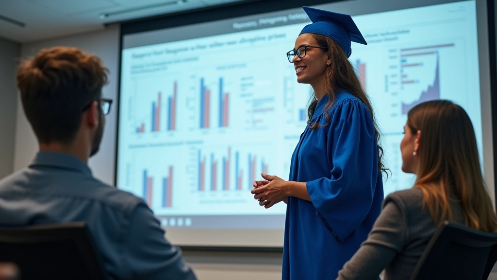 Diverse doctoral candidate presenting research findings on large screen in professional academic setting with institutional b