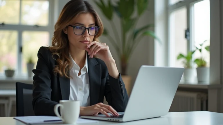 Professional woman in business attire studying at laptop in modern home office with coffee, focused expression, natural lighting from window