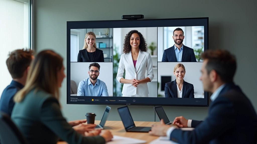 Diverse group of five business professionals in video conference call on large monitor, modern corporate setting, collaborati