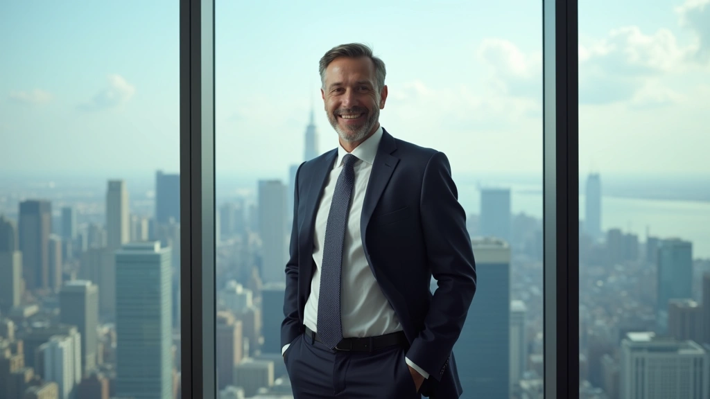 Male executive in formal business suit standing confidently in high-rise office overlooking city skyline, professional corpor