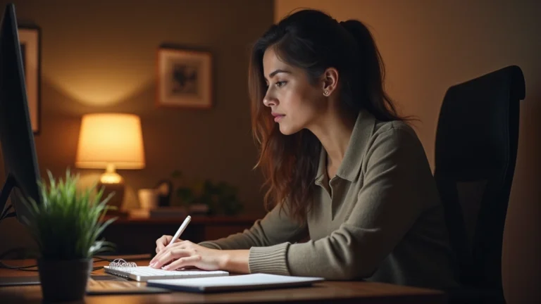 Professional female graduate student studying psychology at home computer, warm lighting, focused expression, modern home office setup, no text visible