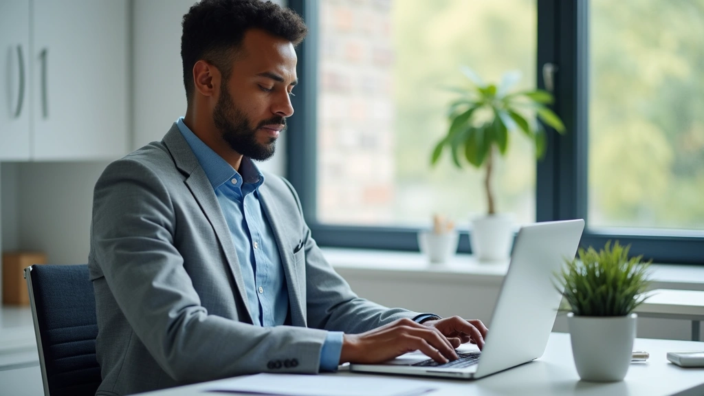 Diverse male psychologist conducting virtual therapy session on laptop, clinical office background, professional attire, empa