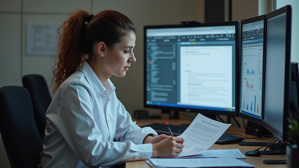 Female clinical psychology doctoral student reviewing research papers and notes at desk with multiple monitors, academic work