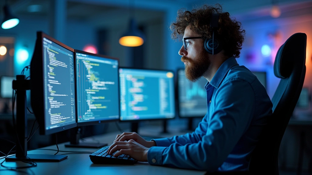 Professional computer scientist working at desk with multiple monitors in modern tech office, focused on coding and research work